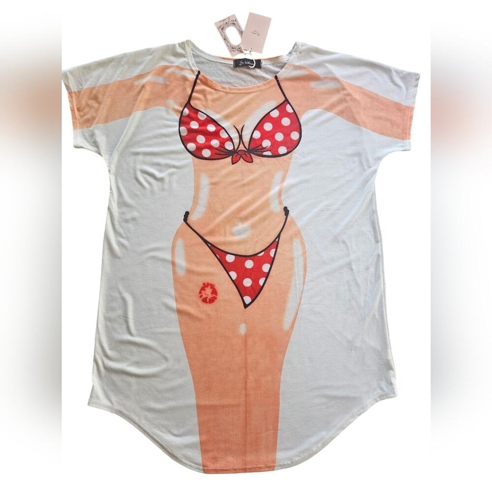 NWT St. Jubileens Bikini Body Cover Up XL Beach Graphic Polkadot Dress White Red